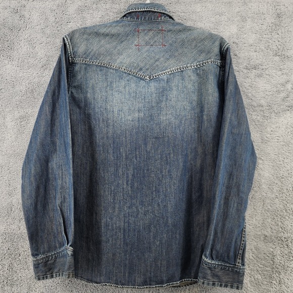 Christian Audigier Denim Shirt Men's XL Blue Med Wash Western Pearl Snap Pockets - Picture 2 of 10